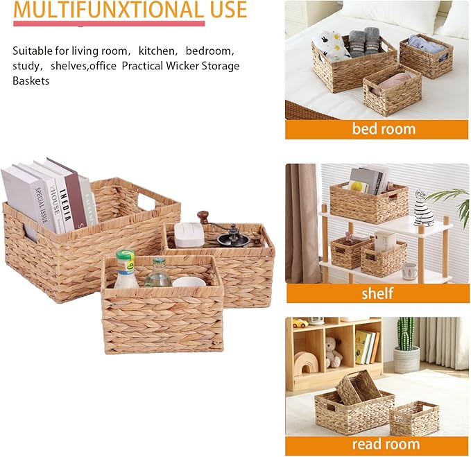 Set of 3 Water Hyacinth Storage Basket Rattan Woven Shelf Organizing with Built-in Handles 3-Pack Nesting Wicker Bathroom Accessories Pantry Storage