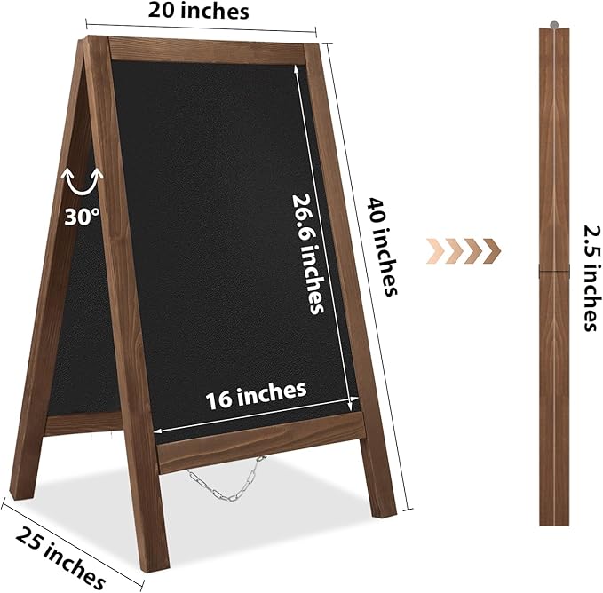 A Frame Chalkboard Sign 40"x20" A Frame Sign, Wooden Sandwich Board Sturdy Double Sided Chalk Board Sign Board Outdoor, Sidewalk Sign for Restaurant, Wedding, Food Truck