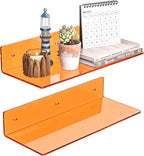 15 Inches Orange Acrylic Wall Shelves 2 Pack, L Shape Floating Shelf, Perspex Wall Mounted Shelves for Home Décor, Model Car, Candle, Calendar, Towel, Tissue