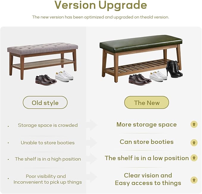 HUIMO Entryway Shoe Bench with Cushion, End of Bed Bench,Upholstered Bench for Kitchen, Bench with Solid Wood Shelf, Leather Ottoman Bench for Hallway, Living Room (PU-Green)