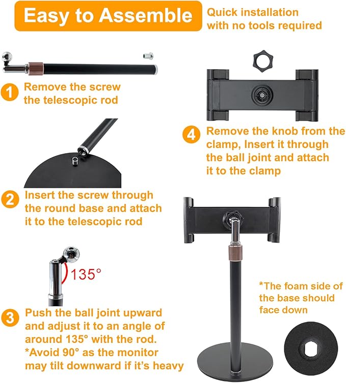 Portable Monitor Stand Tablet Stand for Desk Kindle Holder with Metal Disk, Telescopic Pole and Super Wide Clamp Portable Monitor Mount 15.6 inch 18.5 inch FL12C