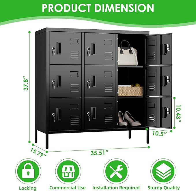 Aobabo 9 Doors Steel Storage Locker Cabinet for Employees, Metal Locker for School Office Gym Bedroom, Industrial Storage, Black, Assembly Required