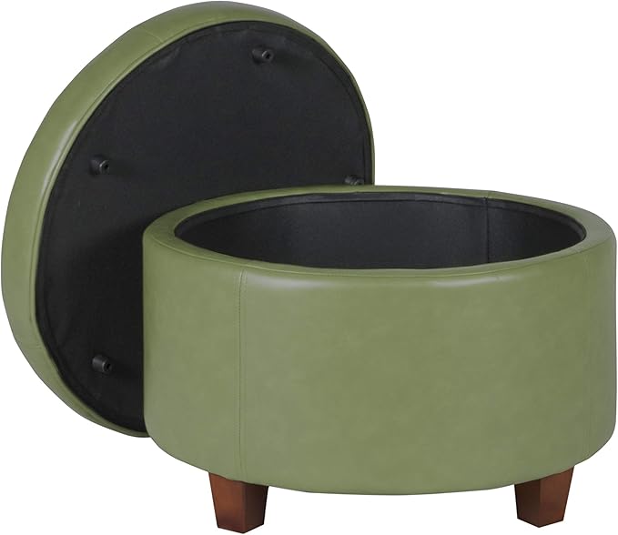 HomePop Round Leatherette Storage Ottoman with Lid, Moss Green Large