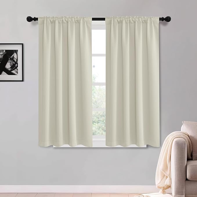 KGORGE Room Darkening Curtains 54 inch Length, Privacy Thermal Insulated Noise Reducing Small Window Treatments for Bedroom Living Room, Back Tab Rod Pocket, 2 Panels, W52 x L54 inches, Beige