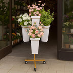 DYALE Flower Display Stand with Buckets - Flower Cart with Wheels for Bouquet Shop, Metal Flower Rack Display Stand for Wedding Garden, Party, Events (Gold, Square buckets)