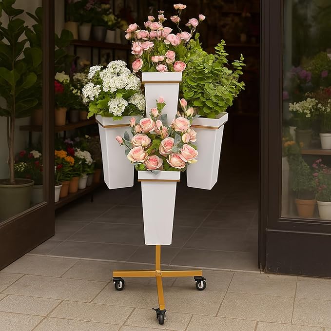 DYALE Flower Display Stand with Buckets - Flower Cart with Wheels for Bouquet Shop, Metal Flower Rack Display Stand for Wedding Garden, Party, Events (Gold, Square buckets)