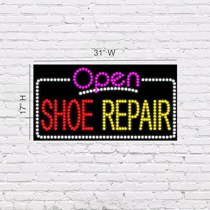 LED Open Shoe Repair Sign for Retail Business Displays | Advertising Electronic Light Up Sign for Windows Walls | 17"h x 31"w x 2"d