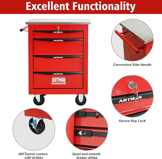 4 Drawers Tool Cart on Wheels with Stainless Steel Worktop, Heavy Duty Mobile Rolling Drawer Tool Chest with Locking Wheels & Lockable Drawers, Garage Tool Storage Cabinet (Red, 4 Drawers)