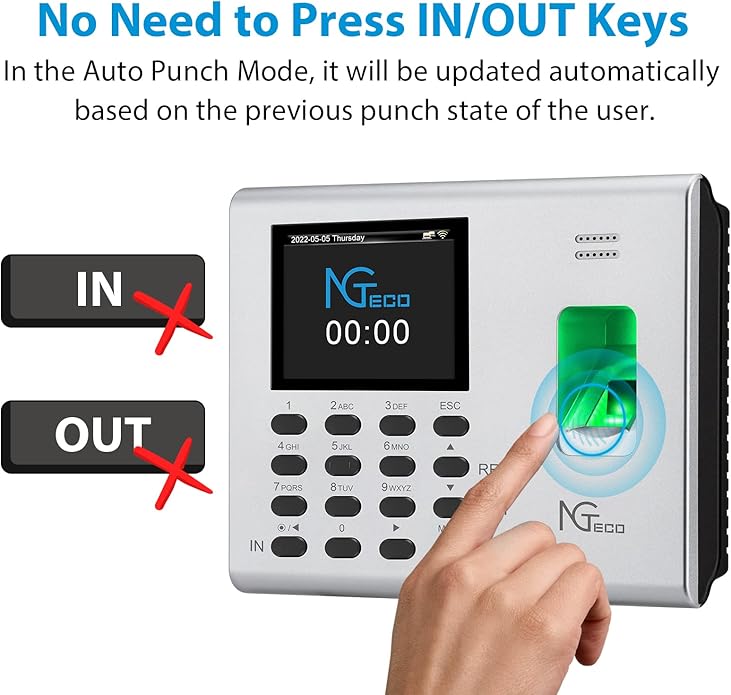 NGTeco APP-Based Time Clock, 2-in-1 Fingerprint Time Clock for Employees Small Business with Auto Punch & Mobile App, Battery Backup, 2.4GHz WiFi, iOS/Android Sync, No Monthly Fee