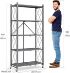 5-Tier Folding Metal Storage Shelf with Wheels, Heavy Duty Organizer Rack Holds 750 lbs, No Assembly Utility Shelving for Kitchen, Garage, Pantry, Living Room, Office (New Upgrade - Gray, 5 Tier)