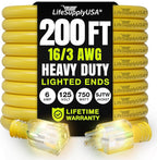 200ft Outdoor/Indoor Extension Cord 16/3 Gauge Heavy Duty 3 Prong SJTW, Waterproof, Flexible Cold-Resistant Long Power Cord,6A 125V 750W, Yellow by LifeSupplyUSA