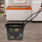 6PCS Plastic Shopping Basket with Handles & Wheels, 35L Rolling Shopping Carts, Grocery Basket with 4 Wheels and Handle, Portable Shopping Basket for Retail Stores, Supermarkets (6PCS - Black)