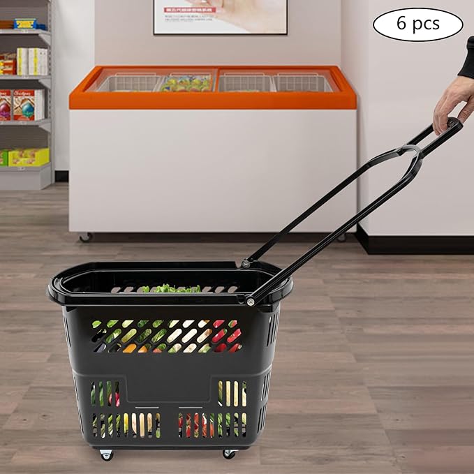 6PCS 35L Rolling Shopping Baskets with Wheels Portable Grocery Basket Set with Handles Plastic Shopping Cart for Supermarkets, Retail Stores, Bookstores (Black)