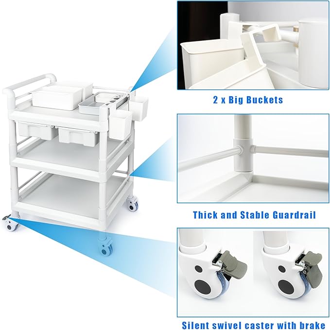 Medical Mobile Trolley Cart 3 Tier 500 Lbs Spacious Beauty Salon Rolling Trolley with Dirt Buckets Drawers 360°Rotate Wheels Heavy Duty Medical Utility Cart for Hospital Dental Clinic