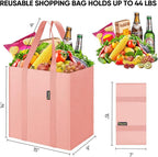 BALEINE 4 PK Grocery Bags Reusable Shopping Bags with Reinforced Bottom, Heavy Duty Foldable Tote BagsPink, 4 Pack