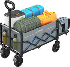 Small Wagon Cart Foldable, Collapsible Wagon with 360 LBS Max Load & Expandable Storage, 90L Foldable Grocery Cart with 2 Cup Holders for Outdoor, Garden, Camping &Groceries-Grey