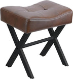18-Inch Leather Vanity Stool Chair, Vanity Bench with Metal X-Leg, Ottoman Accent Stool with Thick Padded Saddle Seat, Dark Brown