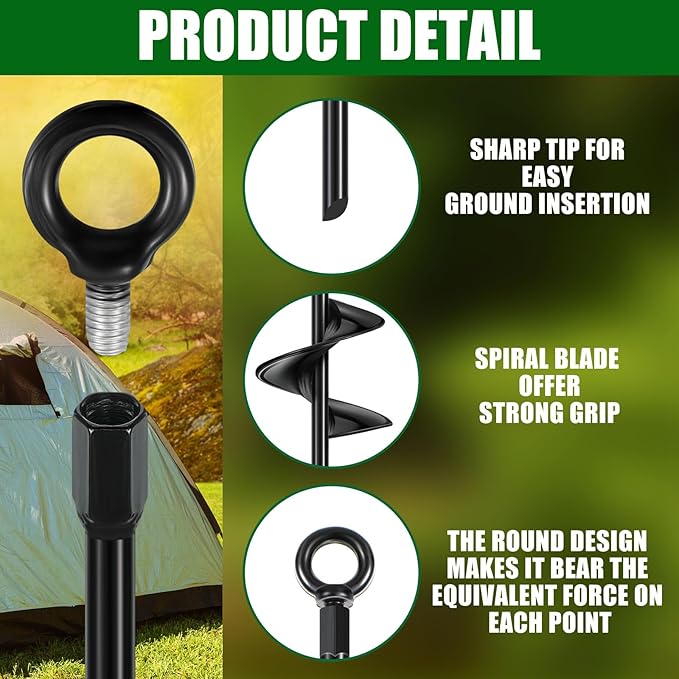 Lasnten 3 Pcs 30 Inch Heavy Duty Ground Anchor Spiral Blade Earth Anchor Kit Metal Anchor Hook Beach Sand Stakes Camping for Securing Animals, Shelters, Tents, Canopies (Black)