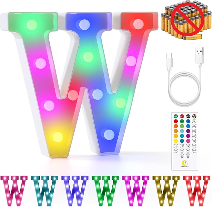mooncow Rechargeable Light Up Letters,Colorful Marquee Letters with Remote,Gift Wrap Gifts,Bedroom Home Bar Party Decor (W)