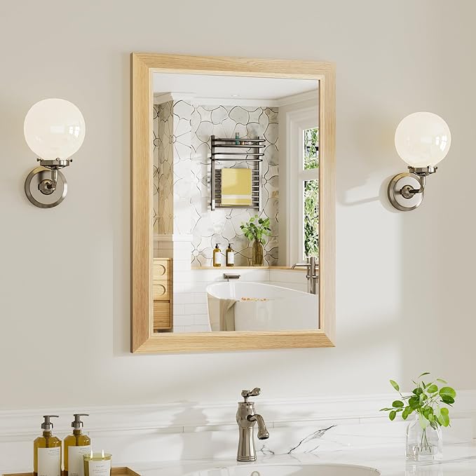 22x30 Inch Bathroom Mirror for Wall, Anti-Rust Oak Wood Grain Metal Framed Bathroom Mirrors for Over Sink,Rectangler Mirrors for Bathroom Vanity, Farmhouse, Bedroom, Living Room, Entryway Decor