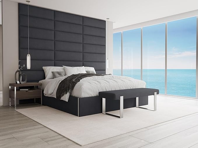 VANT Upholstered Bed Bench - Ribbed Midnight Blue - Matte Black - Contemporary Modern, Bedroom Bench Seat, Hallway, or Entryway