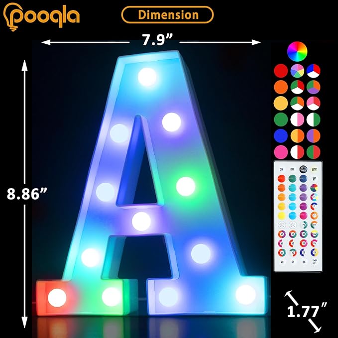 Pooqla Colorful Light Up Letters with Remote, Upgraded 35 Colors LED Marquee Letters, RGB Lighted Letter for Girls Teenager Gift, Birthday, Party, Wedding, Night Light, Room, Bedroom Decor, Letter A