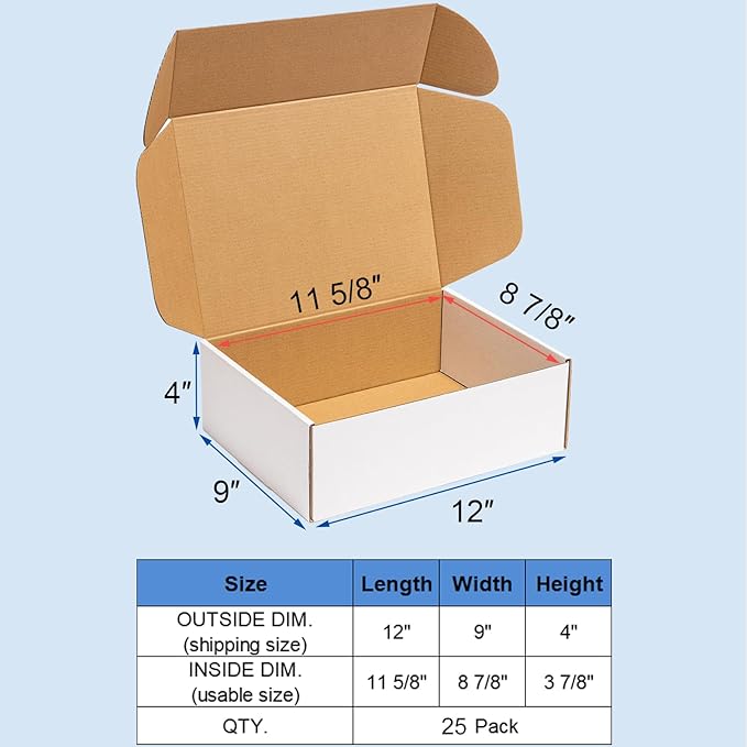 Shipping Boxes 12x9x4 Inches 25 Pack Corrugated Cardboard Mailing Boxes for Small Business - Medium White Literature Mailer Packaging Supplies