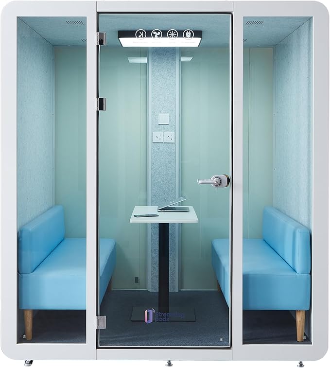 GEARONIC Mobile Office Pod Booth, Sound Proof Office Booth Pod with Mobile Roller, Larger Space for 4-6 People, LED Lighting System,Fans and AC USB Ports
