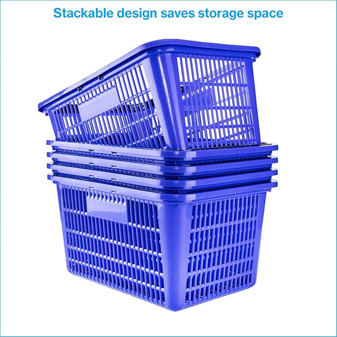 SSWBasics Blue Plastic Shopping Basket with Handles - Essential Shopping Baskets for Retail Store Use, Durable and Convenient Shopping Baskets for Customers