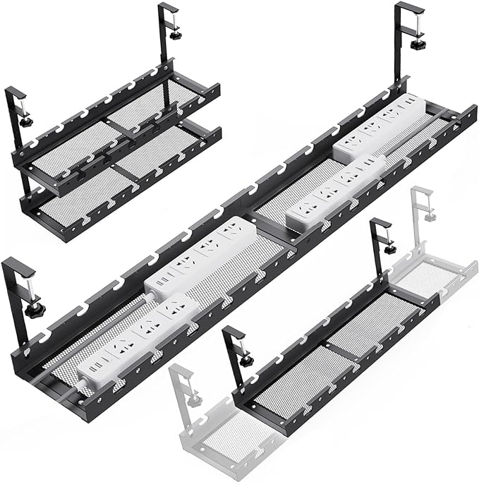 31Inch Extendable Under Desk Cable Management Tray Multi-Model Metal Cable Management Tray Under Desk Cord Management with Clamp Power Strip Cord Holder for Wire Cable Management