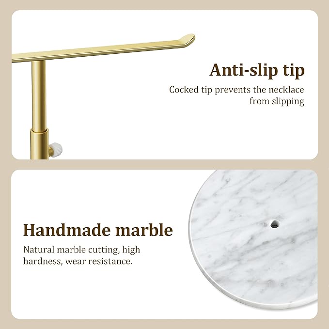 Gold Necklace Holder Jewelry Organizer Stand – Adjustable Height T‑Bar Jewelry Display with White Marble Base, Necklace & Bracelet Holder, Countertop Jewelry Stand