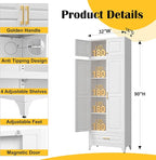 90" Kitchen Pantry Cabinet with Drawer, Metal Storage Cabinets with Doors and 4 Adjustable Shelves,White Kitchen Cabinet with 2 Gold Handles,Food Cupboard for Livingroom,Pantry, Bathroom
