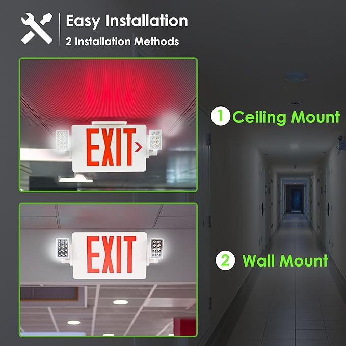 Gruenlich LED Combo Exit Sign, Emergency Light with 2 Adjustable Heads and Double Face, Back Up Batteries- US Standard Red Letter EXIT, UL 924 Qualified, 120-277 Voltage, 12-Pack