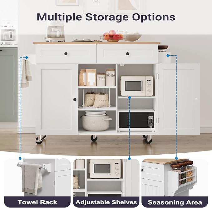 Kitchen Island on Wheels, Rolling Kitchen Island with Drop Leaf and 2 Drawers, Mobile Kitchen Cart Table Storage Cabinet with Tower Rack and Spice Rack for Dining Room, Kitchen, White