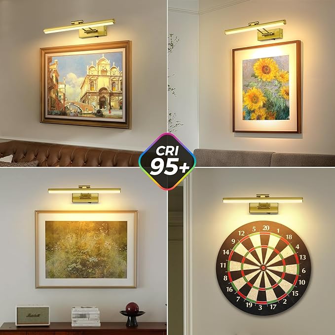 JUSHENG Battery Operated Picture Lights for Wall Brass 3CCT Dimmable Gallery Lights with Remote and Timer Wireless Painting Lights for Artwork, Display, Portraits 15.35'' Inch 3W