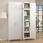 Metal Storage Cabinet and Wall Upper Storage Cabinet,90Inch White Kitchen Pantry Cabinets with 4 Adjustable Shelves,Tall Food Cupboards for Living Room, Dining Room Office