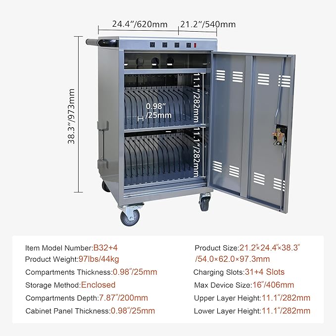 Laptop Charging Cart,35 Devices Tablet Storage Carts for pad Up to 16.3" Screen Size, Classroom Computer Mobile Charging Station for pads, Chromebooks,Laptops, Security Storage(31+4 Bay-Silver)