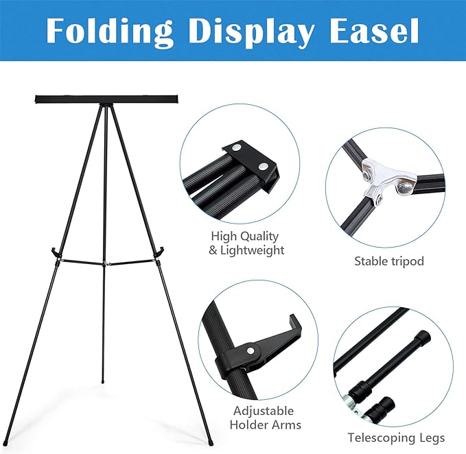 Falling in Art Aluminum Flip Chart Display Easel Stand with Adjustable Floor for Boardroom, Whiteboard, Paper Pads, Signage, 63 1/2'' High, Black 4 PACK