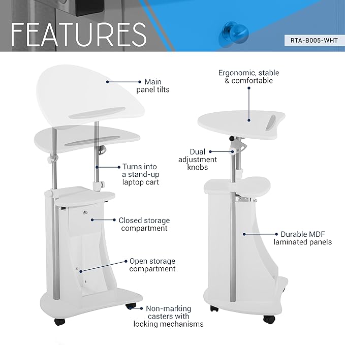 Adjustable Height Rolling Laptop Cart with Storage, Sit to Stand Desk with Wheels, Podium Stand or Medical Cart, White