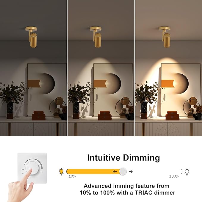 12W LED Gold Dimmable Zoomable Ceiling Spotlight Indoor – Adjustable Surface Mount Accent Light for Corridor, Living Room, Plants & Painting | Warm White 3000K CRI 97, Flicker-Free, 2 Packs