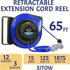 65Ft Heavy Duty Cord Reel, Retractable Extension Cord, 12AWG/3C SJTOW, Lighted Triple Tap Outlets 15A Circuit Breaker, Wall/Ceiling Mounted, Adjustable Stopper UL Listed Blue