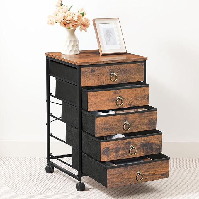 HOOBRO 5-Drawer Chest, File Cabinet, Office Cabinet with Drawers, Rolling Printer Stand for Living Room, Home Office, Nonwovens Drawer, Easy Assembly, Rustic Brown BF50WJ01