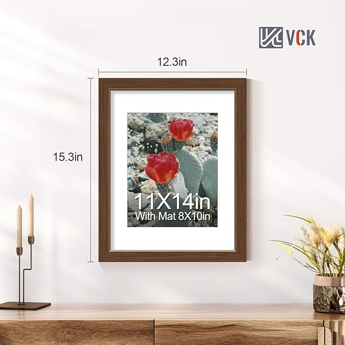 VCK 11x14 Picture Frame 5 Pack - Brown, High-End Wood Poster Frames with Tempered Glass, Display 8x10 Photo with Mat or 11x14 without Mat, Art Gallery-Quality, Wall Hanging, Brown