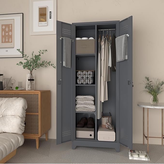 LUCYPAL 65" H Metal Garage Storage Cabinet with Shelves and Lock,Broom Closet Storage Cabinet with Hanging Rods for Mops,Garage Tool Cabinets for Utility Room,Laundry Room,Grey
