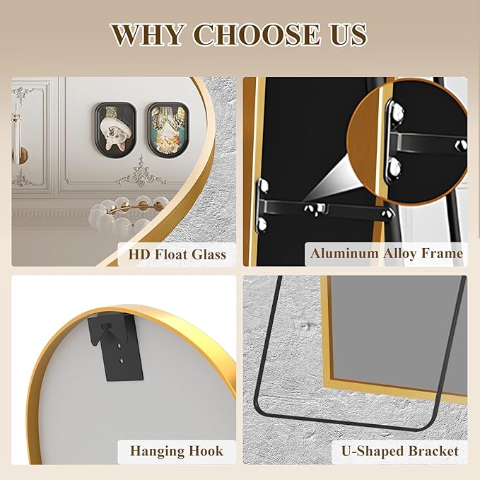 58"x18" Full Length Mirror with Stand, Shatterproof Arched Floor Mirror, Aluminum Alloy Thin Frame - Freestanding/Leaning/Wall Mount for Bedroom, Living Room & Entryway (Gold)