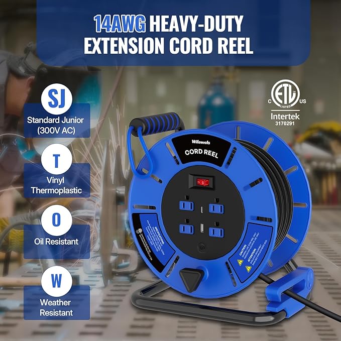 80 FT Retractable Extension Cord Reel, 14AWG Heavy Duty Power Cord with 4 Grounded Outlets, USB-A & USB-C Ports, 13A 1625W, Portable Hand Crank for Indoor Outdoor Use, ETL Listed U80ACR06