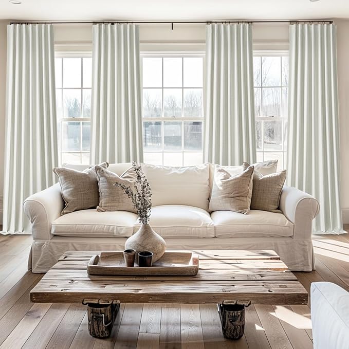 Beige White Room Darkening Curtains 72 Inches Long 2 Panels Burg, Linen Heavy Insulated Bay Window Curtain Modern Neutral Drapes for Bedroom/Cabin/Kitchen (W50" x L72"Tall) 6FT Length Hook Belt