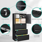 SISESOL 3 Drawer Lateral File Cabinet with Lock and Shelf,Black Metal Filling Cabinet with Drawers and Shelf, Locking File Storage Cabinets with Doors and Shelves for Home,Office,Garage,School