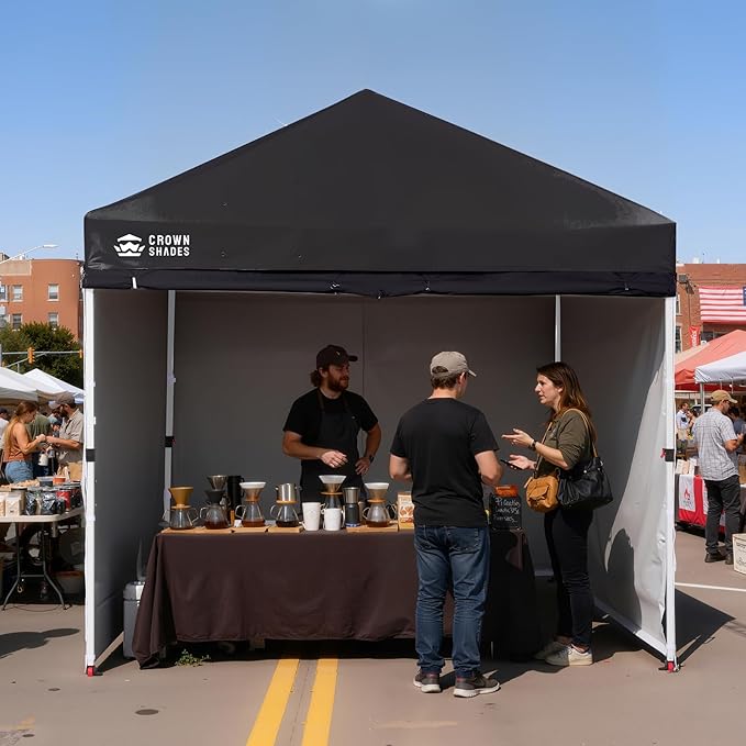 CROWN SHADES 10X10 Comercial Instant Canopy Pop Up Tent with Center Lock, 300D Fabric, 4 Sidewalls, Sto'N Go Bag, Black