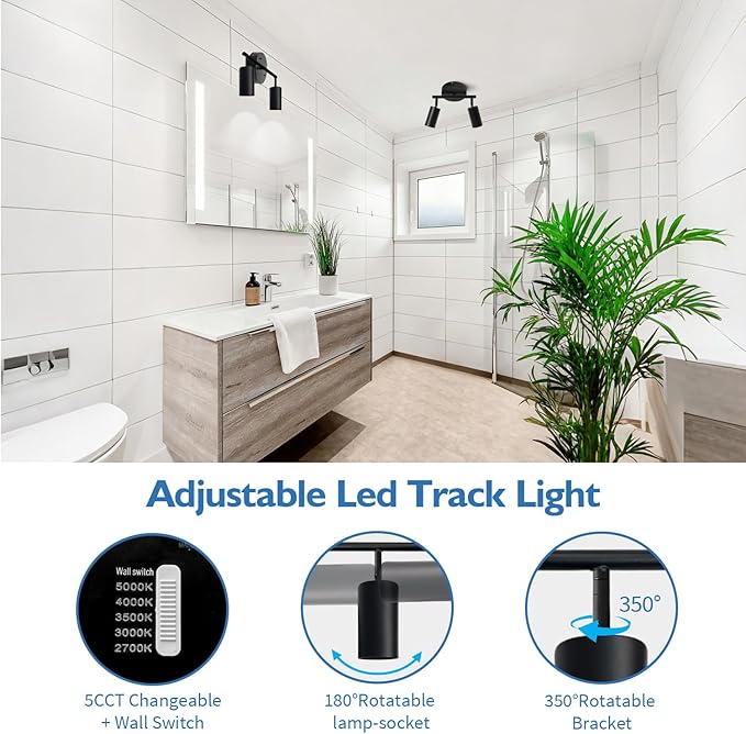Jolux LED 2 Light Track Lighting Kit, Black 2 Way Ceiling Spot Lighting, Included 2 GU10 Bulbs 750LM 5CCT Selectable,Flexibly Rotatable Light Head for Kitchen Gallery Art Walls Hallway Living Room